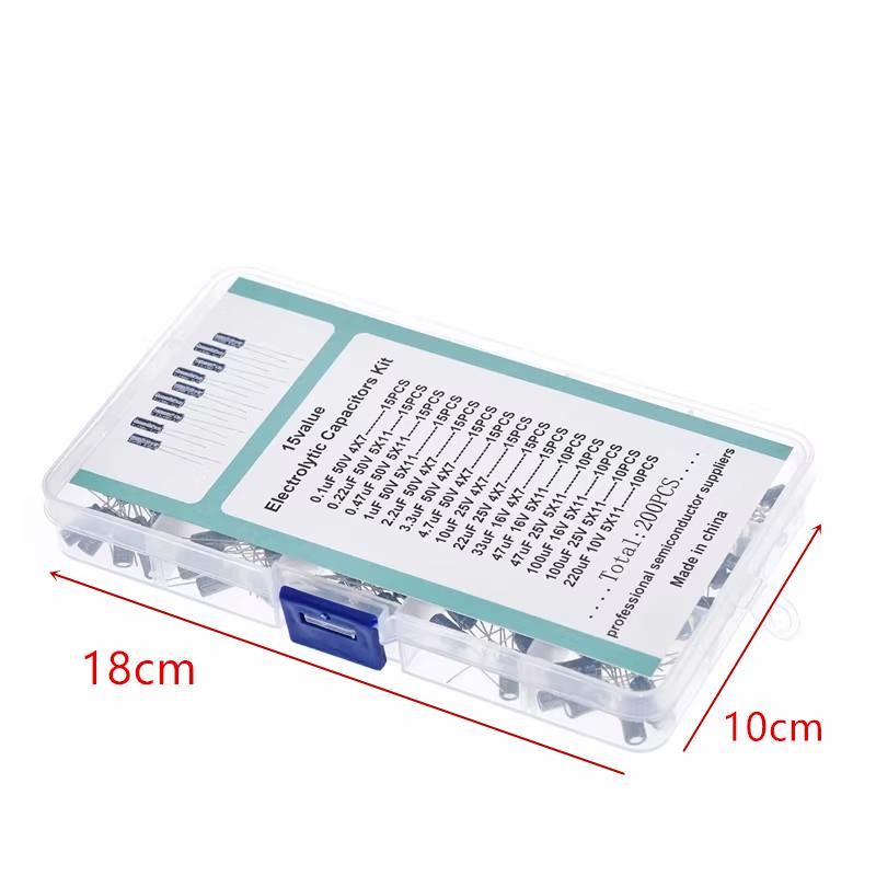 Zestaw 200 szt. kondensatorów radialnych 15 wartości 10V 16V 25V 50V 0,1uF-220uF Zestaw asortymentowy kondensatorów elektrolitycznych 0,22uf 2,2uf 100uf