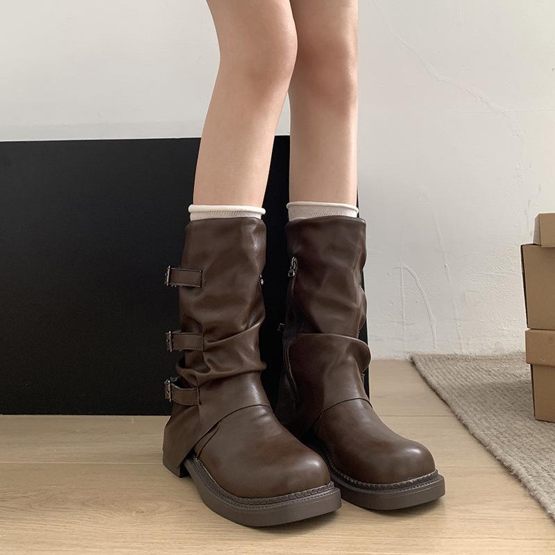 Nischen-Retro-Stiefel mit dickem Absatz und mittlerer Höhe, Western-Cowboy-Stapelstiefel, Ritterstiefel, Frühherbst-Martinsstiefel, Französische Damenstiefel