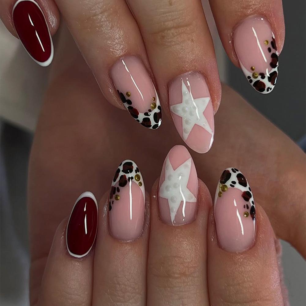 24 BUC Unghii False Spice Girls Retro Maro Francez cu Stea Simplă Unghii Presate Modele Aurii Portabile Migdală Tipsuri Unghii False