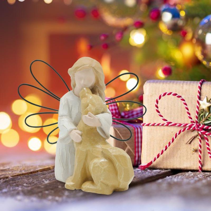 Resin Imitation Wood Carving Angel and Dog Ornaments Home Creative Warm Romantic Festival Commemorative Desktop Ornaments
