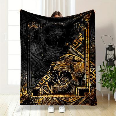 Ferocious Animal Design with Golden Accents Printed Flannel Blanket for Bedroom, Living Room, Sofa, and Nap