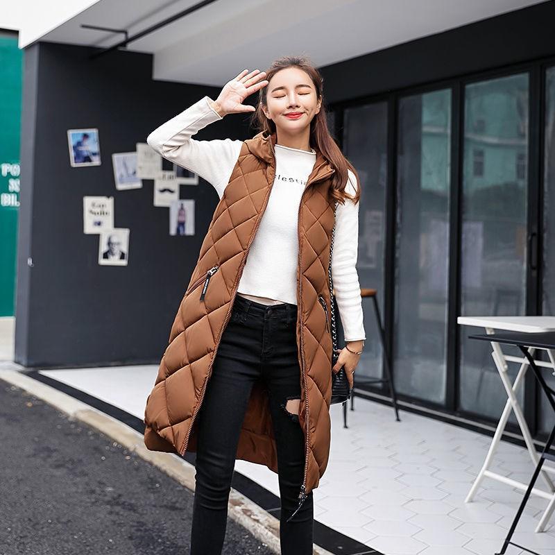 Womens Hooded Quilted Cotton Vest Mid-Length Warm Sleeveless Puffer Waistcoat Streetwear Casual Outerwear