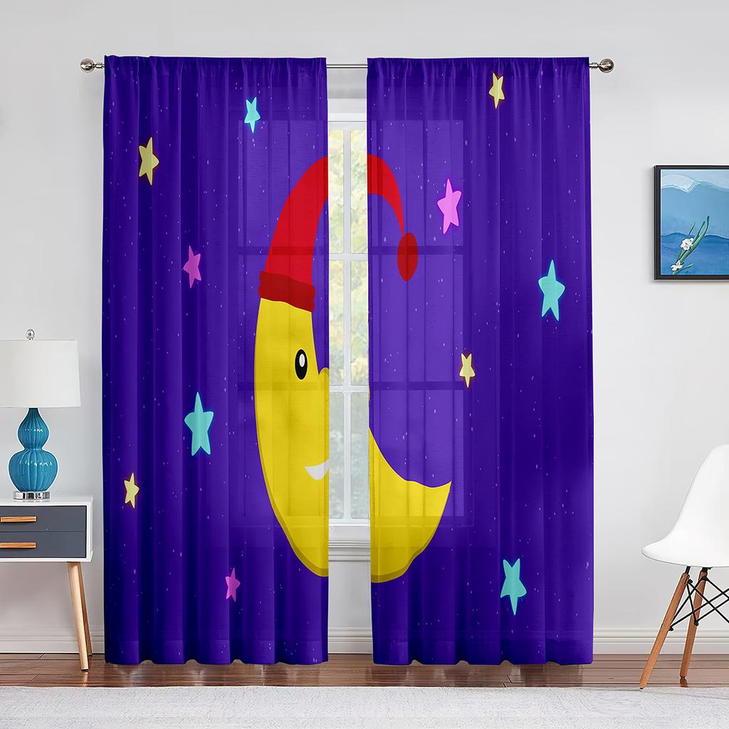 Blue Starry Night with Stars Moon Clouds Tulle Curtains for Living Room Kids Bedroom Chiffon Sheer Voile Kitchen Window Curtain