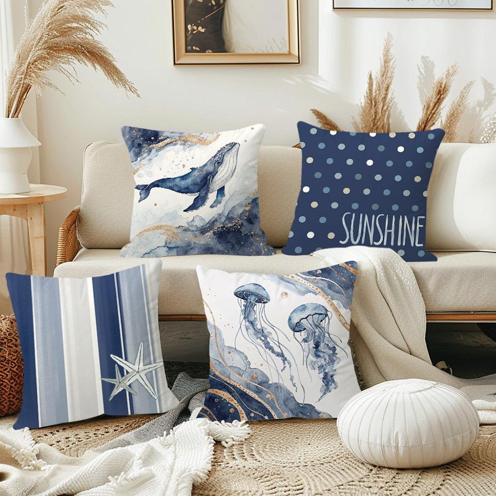 Blue Ocean Themed Pillowcases: Whale, Jellyfish, Stripes & Sunshine Design Sofa Cushion Cover Home Room Decoration