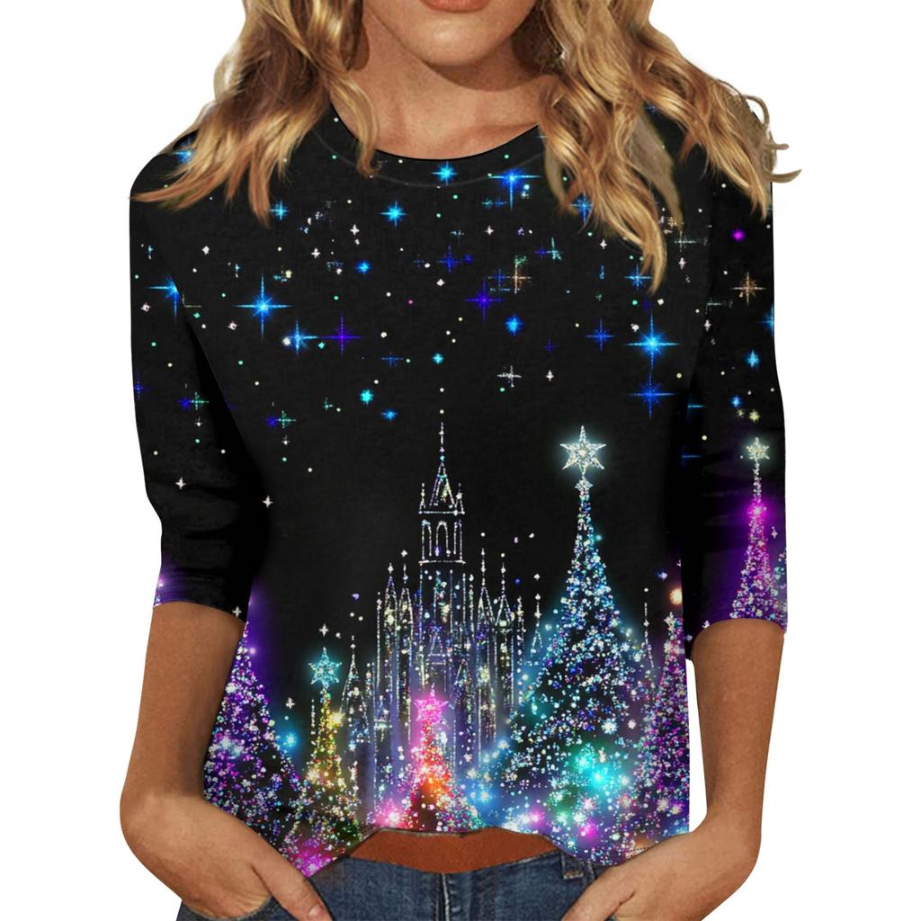 Damenmode Lässiges Rundhals-T-Shirt mit 3/4-Ärmeln und lockerem Aufdruck