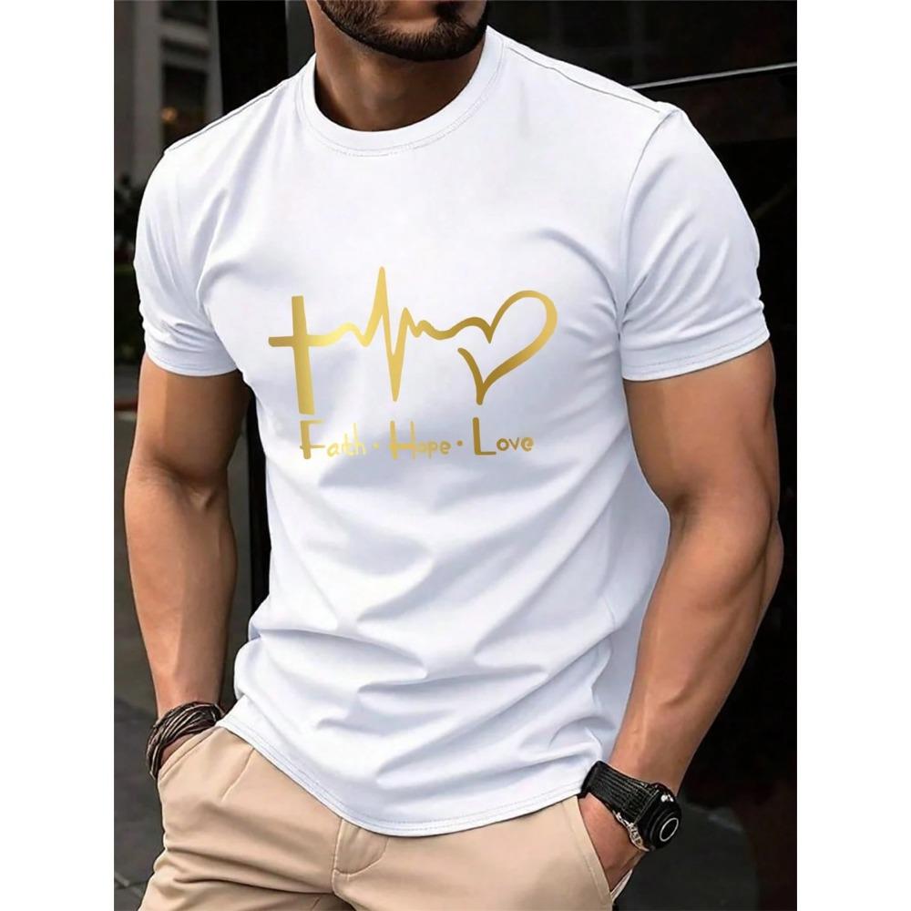 Men's Summer Fashion Casual Loose Plus Size Faith Hope Love Print Sports Round Neck Short Sleeved T-shirt Top