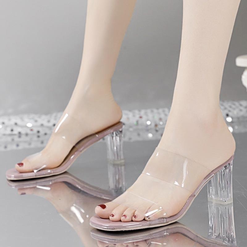 2025 Summer New Korean Version Transparent Belt Women's Sandals Thickened One-word Thick Heel High Heel Women's Shoes Ins Outer Slippers