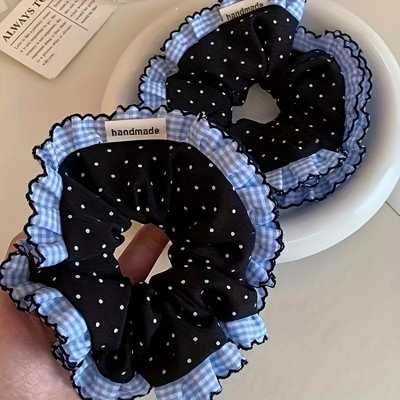 Elegant Blue & White Polka Dot Scrunchie with Lace Trim Sweet Style Fabric Hair Tie, Printed Design, Perfect for Stylish Hair Accessory