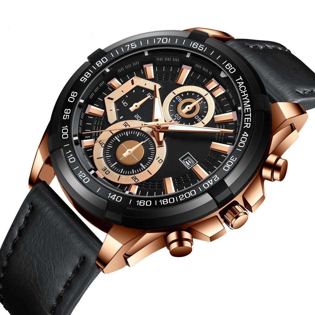 Quartz Machine Core Men Watch Waterproof Luminous Pointer Calendar Casual Leather Strap Wristwatch