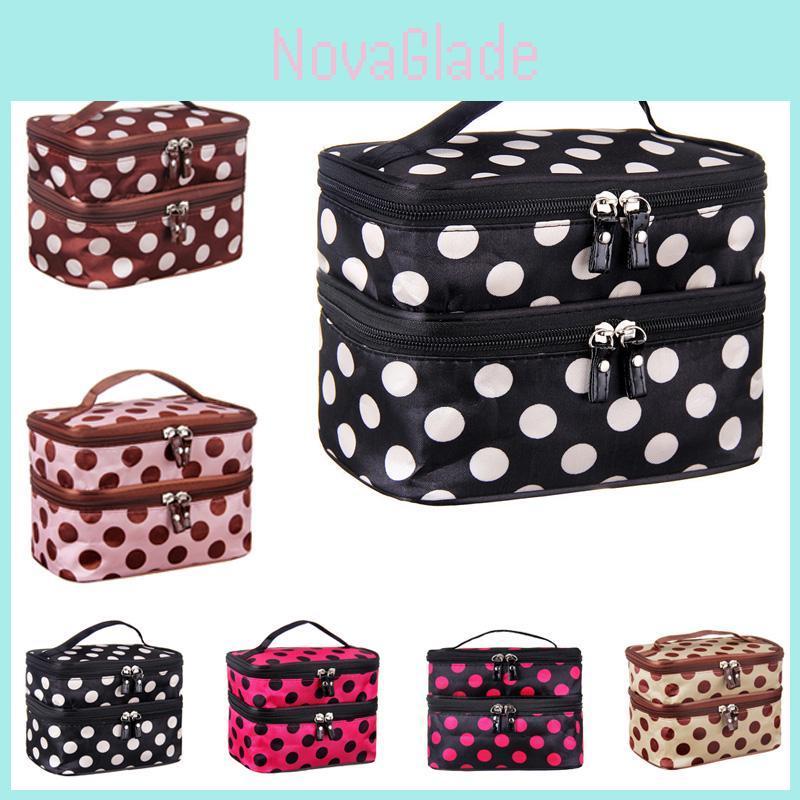 Borsa Trucco Trendy a Doppio Strato Spaziosa Design a Pois Bianchi e Neri Per un Facile Stoccaggio
