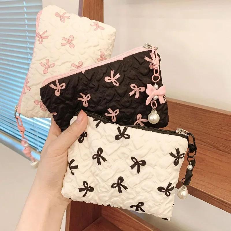 Cute Pink Bow Makeup Bag Mini Storage Case for Lipstick Card Sanitary Napkin Holder Women's Cosmetic Pouch