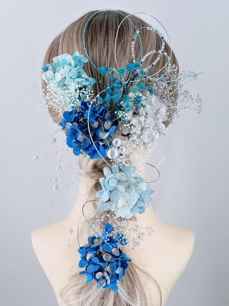 Hair Ornament for and and Gold Coming-of-Age Ceremonies, Graduations, Weddings Hydrangea, Baby's Breath, Pearl, Mizuhiki, Blue, White, Silver,