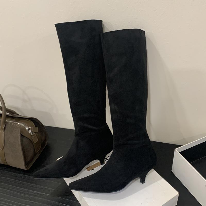 Eilyken Cizme de iarnă pentru femei, cu vârf ascuțit, până la genunchi, pantofi la modă cu toc jos subțire, botine pliate de designer