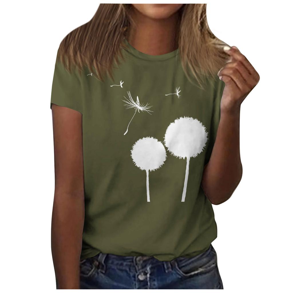 Women's Cute Printed Short Sleeve Round Neck Front Shoulder Vintage Short Sleeve Summer Loose Shirt Top