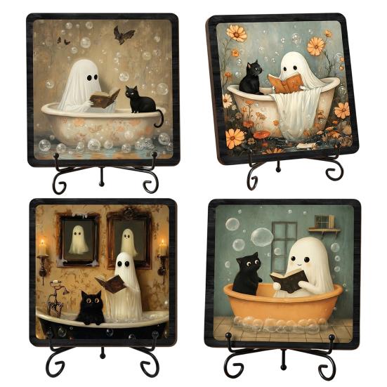 Spooky Bathroom Sink Ornament Halloween Wooden Sign with Metal Stand, Ghost Table Festive Counter Decor Centerpiece for Home Office Tabletop