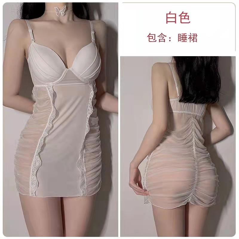 Sexy lingerie sexy deep vA wrinkled mesh perspective seduction hot suspender nightdress set