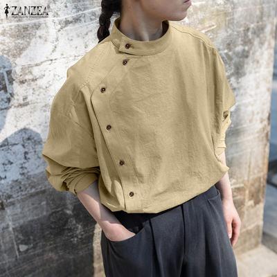 Women Casual Stand Collar 3/4 Sleeve Solid Color Loose Blouse