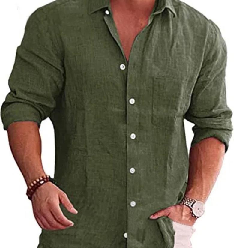 Herren Locker Übergröße Einfarbiges Hemd Leinen Revers Langärmliges Freizeithemd für Herren