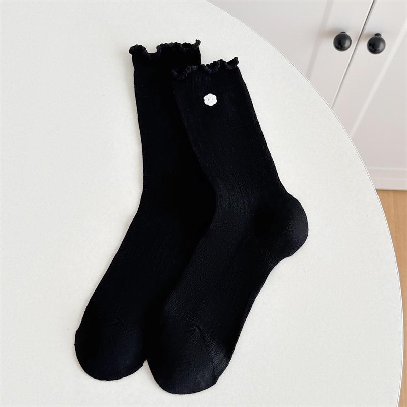 Women's Summer Thin Floral Button Cotton Mesh Breathable Medium Tube Stack Socks