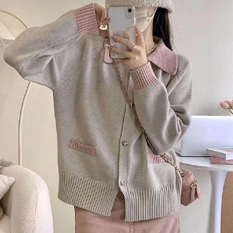 Cardigan Høst/Vinter Løs Polo Krage Liten Duftende Myk Glutinous Genser Strikket Cardigan Dame Design Sense Genser Topp