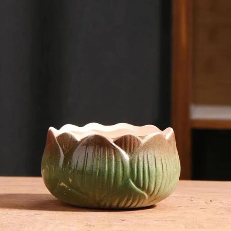 Gradient Lotus Shaped Ceramic Succulent Pot Breathable Coarse Pottery Flower Pot for Home Office Desktop Decor зелёный