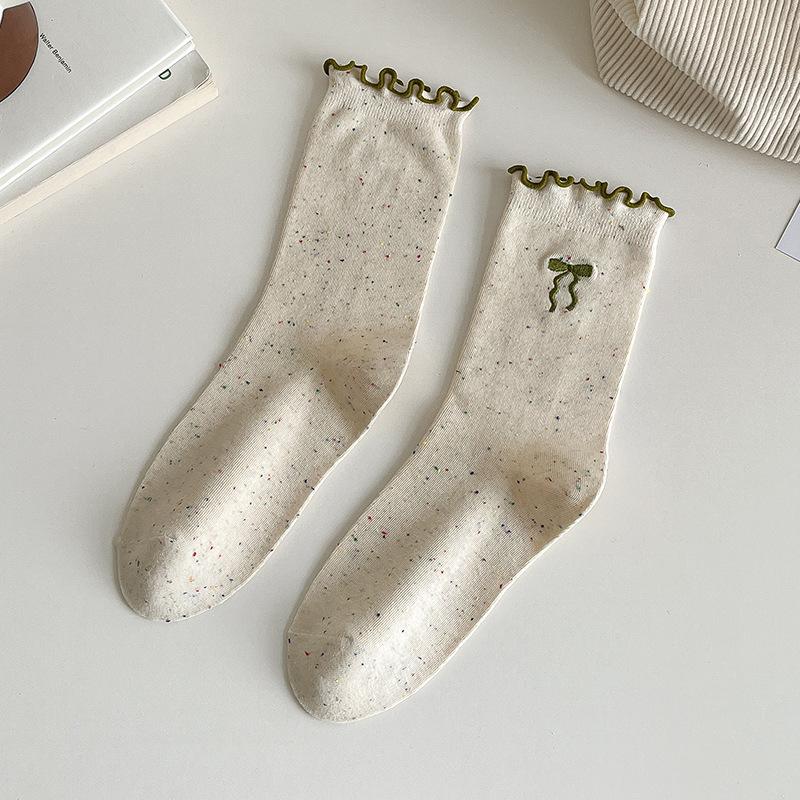 SCIONE Women's Pile Socks Solid Color Cotton Socks Spring and Autumn Yarn Stockings Cute Kapibala Series Ruffled Trim Embroidered Girl Socks