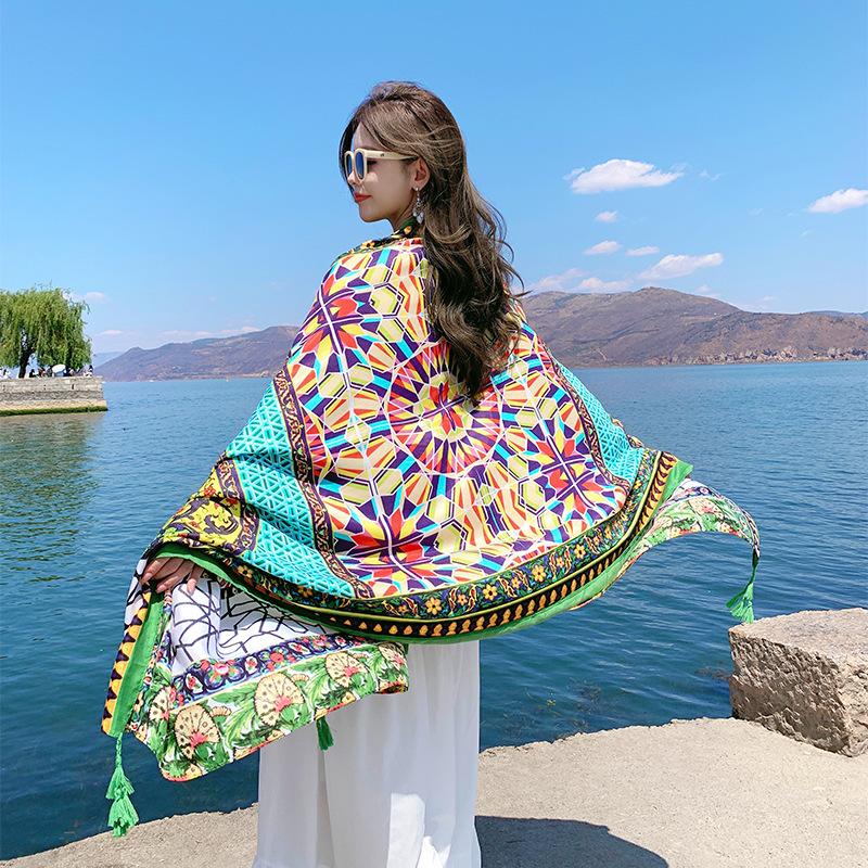 Summer Cotton and Linen Scarf Women's New Bohemian Ethnic Style Oversized Shawl Dual-purpose Summer Sunscreen Beach Silk Scarf