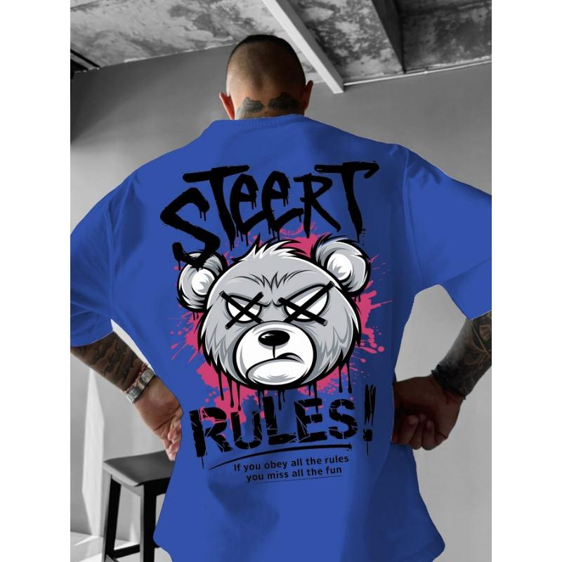 Men's Fashion Summer Angry Bear Letter Print Comfortable Breathable Round Neck T-shirt Outdoor Street Style Top
