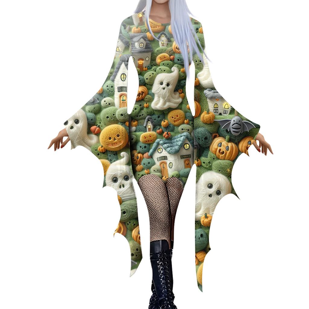 Women Fashion Gothic Punk Bat-Sleeve 3D Cute Halloween Print Irregular Party Dress