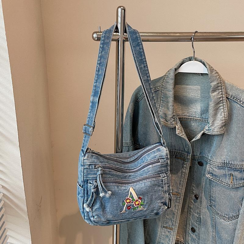 Multi-layer Denim Bag Vintage Shoulder Bag Women's Embroidered Crossbody Bag
