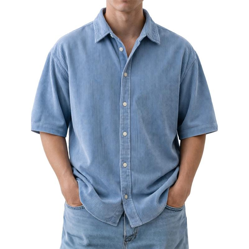 Mens Casual Corduroy Short Sleeve Button Down Shirt S синий