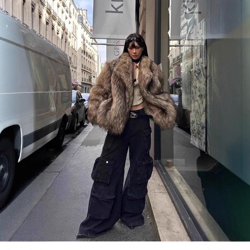 

Winter Women s Faux Fur Cropped Jacket Warm Fluffy Short Coat S коричневый