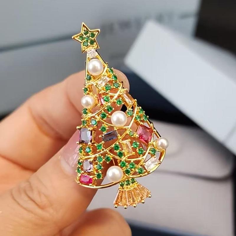 "Colorful Zircon and Pearl Christmas Tree Brooch - Gold-Plated Holiday Pin"