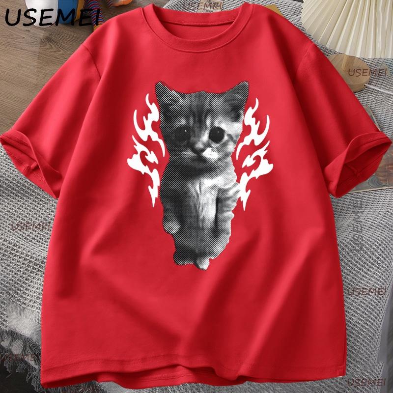 Y2K Goofy Cat Meme T Shirt 90s Vintage Cotton Short Sleeve Tshirt Streetwear Round Neck T Shirt Causal Oversized Clothing