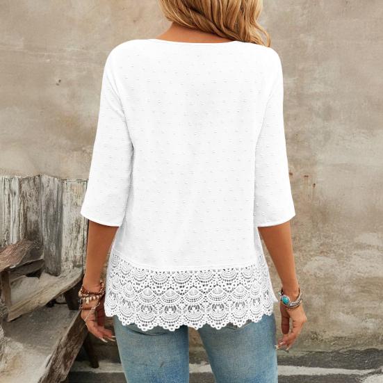 Women V-Neck Hem 45720 Sleeve Casual Shirt Jacquard Decor Solid Color