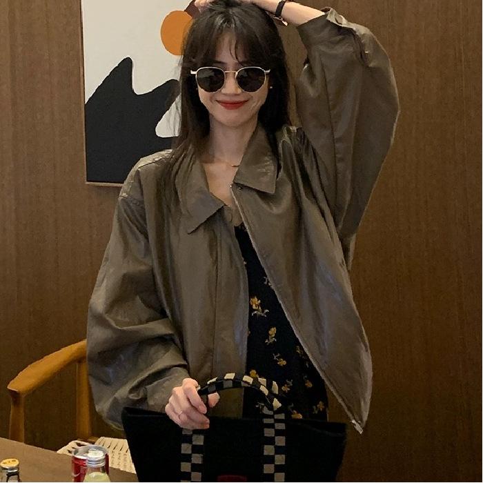 Women's Korean Style Retro Brown Faux Leather Pilot Jacket - Autumn High-End Versatile Outerwear.