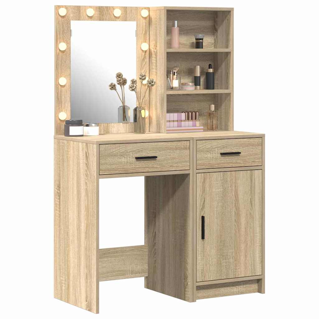 Makeup Table Set with LED 2 pcs Sonoma Oak Wood Based Material