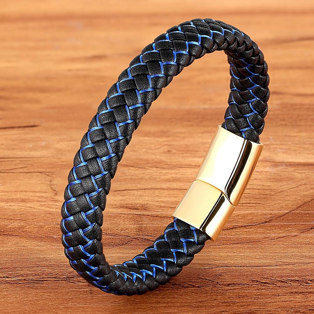 Men Jewelry Punk Black Blue Braided Leather Bracelet for Men Stainless Steel Magnetic Clasp Fashion Bangles Gifts 6 Colors