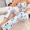 2-teiliges sexy Pyjama-Set aus transparenter Netzspitze für Damen mit geripptem bedrucktem Trägertop und Hose