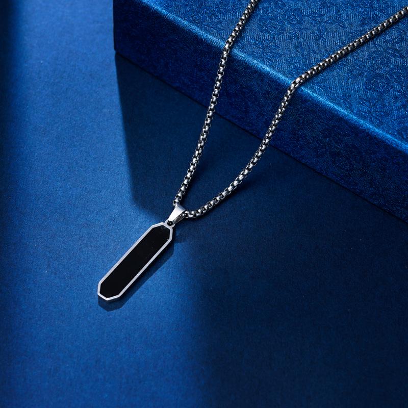 Minimalist Geometric Necklace: Steel Chain with Black Drip Oil Titanium Bar Pendant