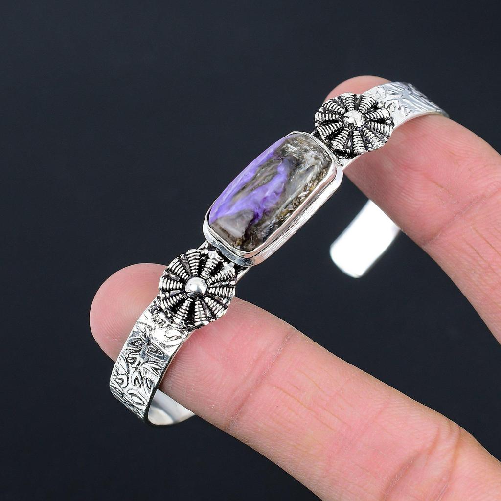 Daughters Day Sale Charoite Stone Wedding Bangle Bracelet 925 Sterling Silver