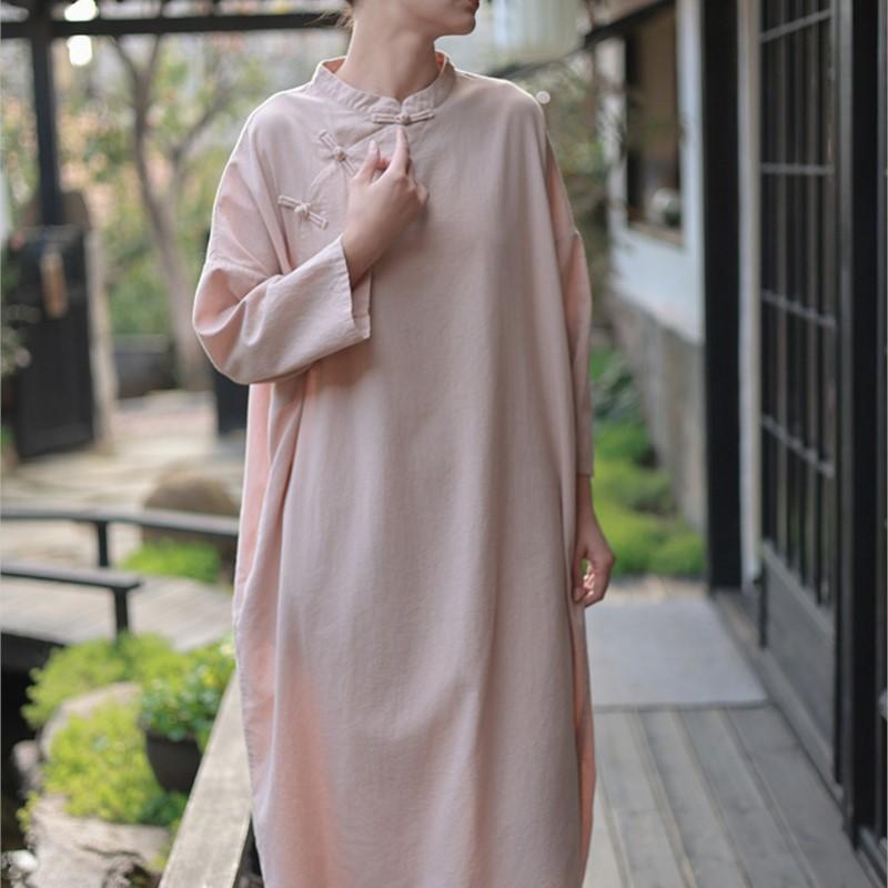 Johnature Women Chinese Style Dress Stand Long Sleeve Spring Solid Color Button A-Line Vintage Dresses