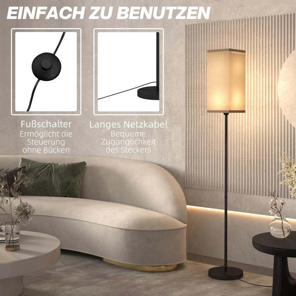 Modern Floor Lamp with Faux Linen Shade and Foot Switch, for Living Room and Bedroom, Metal, Black