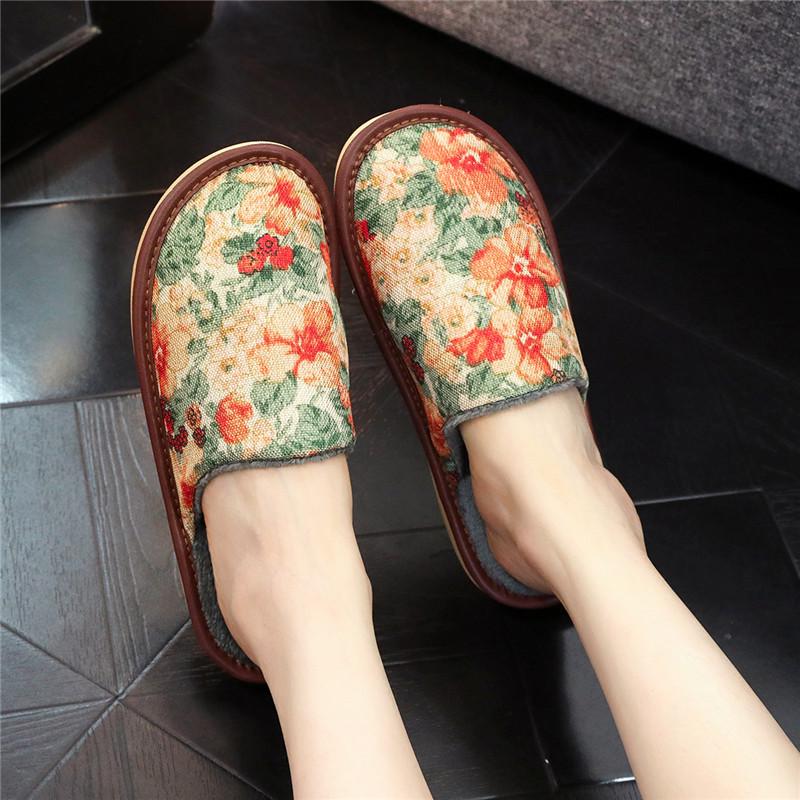 Japanese-Style Cotton Slippers: Velvet-Lined, Anti-Slip, Printed Linen, Soft TPR Sole, Durable, Comfortable, Warm.