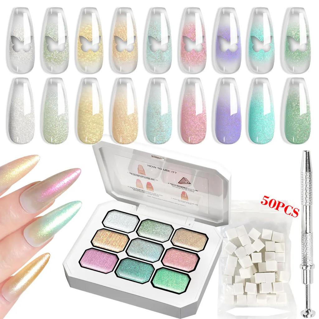 LIMEGIRL 7IN1 Gradient Painting Gel Kit 9 Grid Gradient Color Solid Nail Polish with 50pcs Sponge Nail Art DIY Color Gel Kit