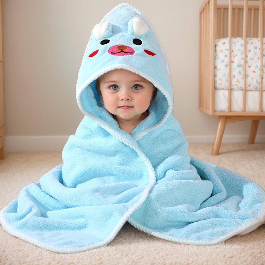 Cartoon Hooded Baby Swaddle & Bath Towel - Coral Fleece, Absorbent, Embroidered, Newborn To Toddler