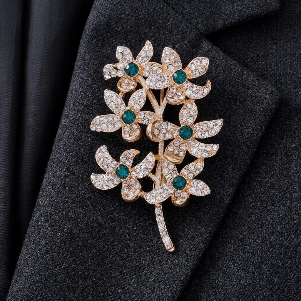 Rhinestone Six-Flower Branch Brooch Zinc Alloy Lightweight Elegant Jewelry For Women