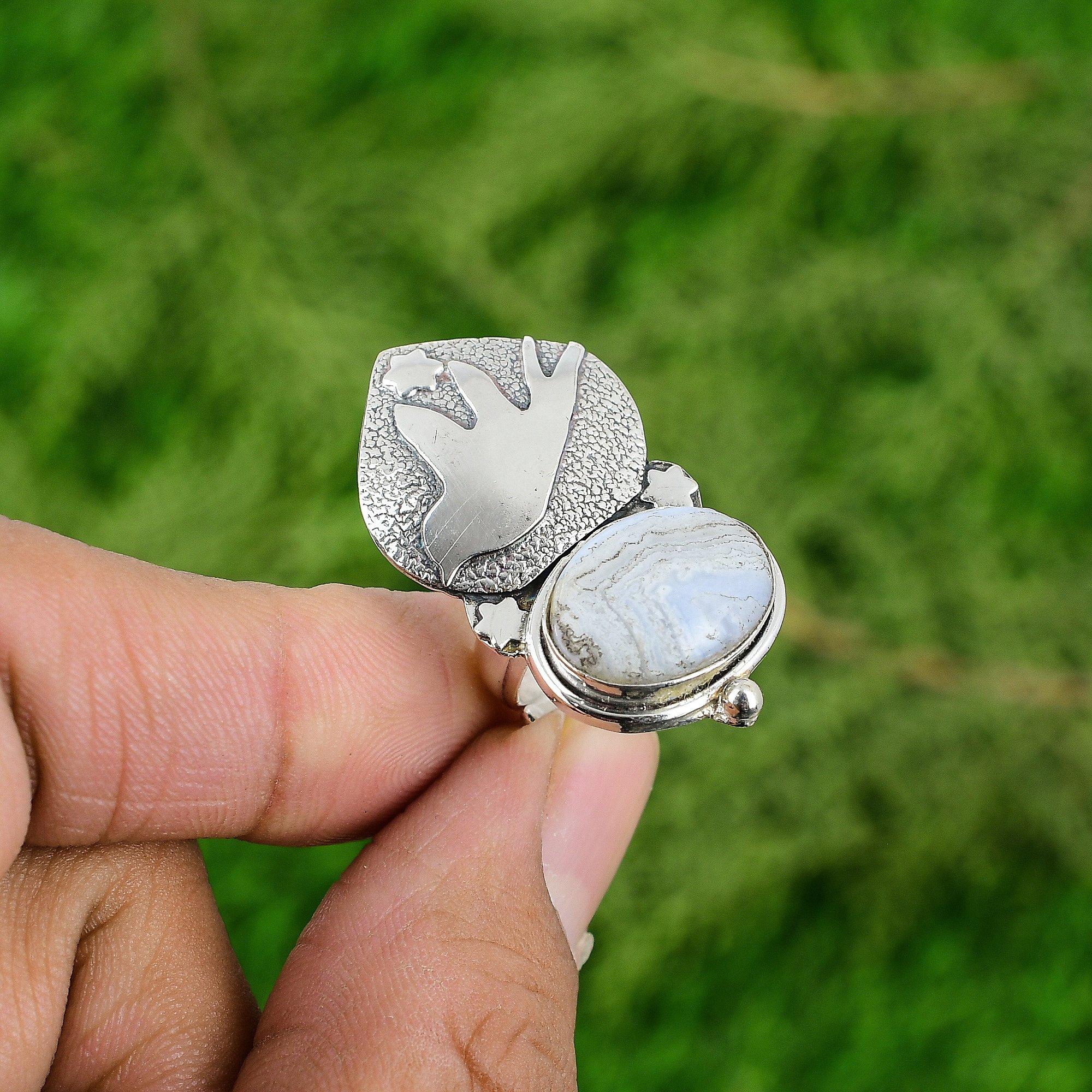 

Blue Lace Agate Stone 925 Sterling Silver Wedding Bird Statement Ring Jewelry Adjustable