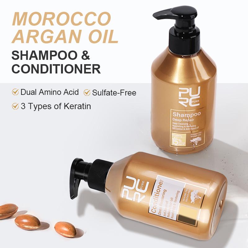 PURC Shampooing sans sulfate à l'huile d'argan du Maroc Traitement capillaire lissant à la kératine aux acides aminés Réparation des cheveux abîmés