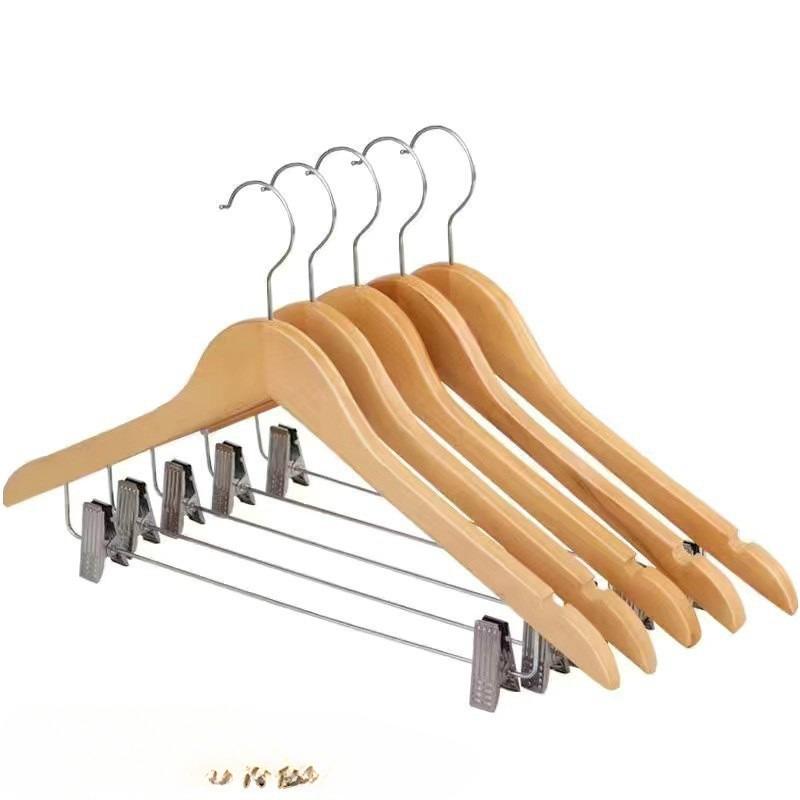 Gruccia in Legno Massello Naturale con Pinze per Gonne, Gruccia Antiscivolo per Completi e Cappotti per Casa Hotel, Appendiabiti in Legno Vintage con Porta Pantaloni